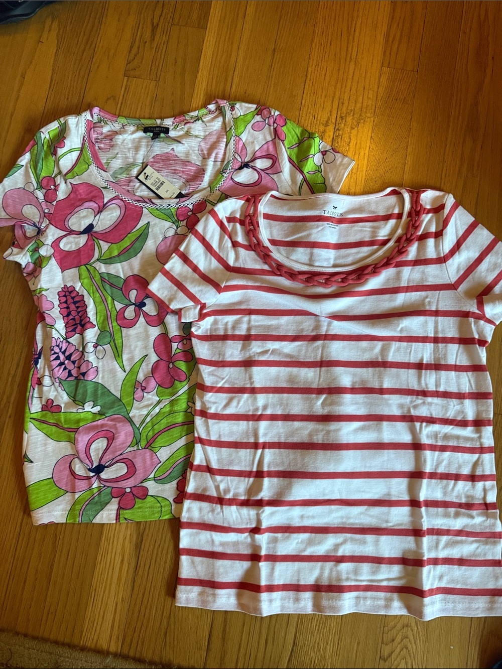 Talbots Pink & Green Floral and Coral  Striped Short-Sleeve Tees (2)